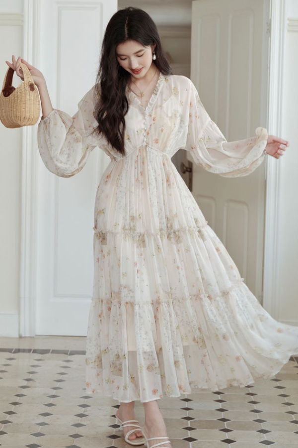 National style elasticity long dress pinched waist dress