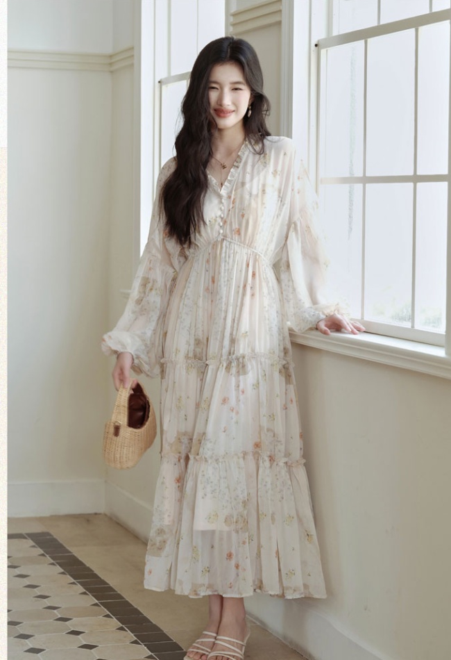 National style elasticity long dress pinched waist dress