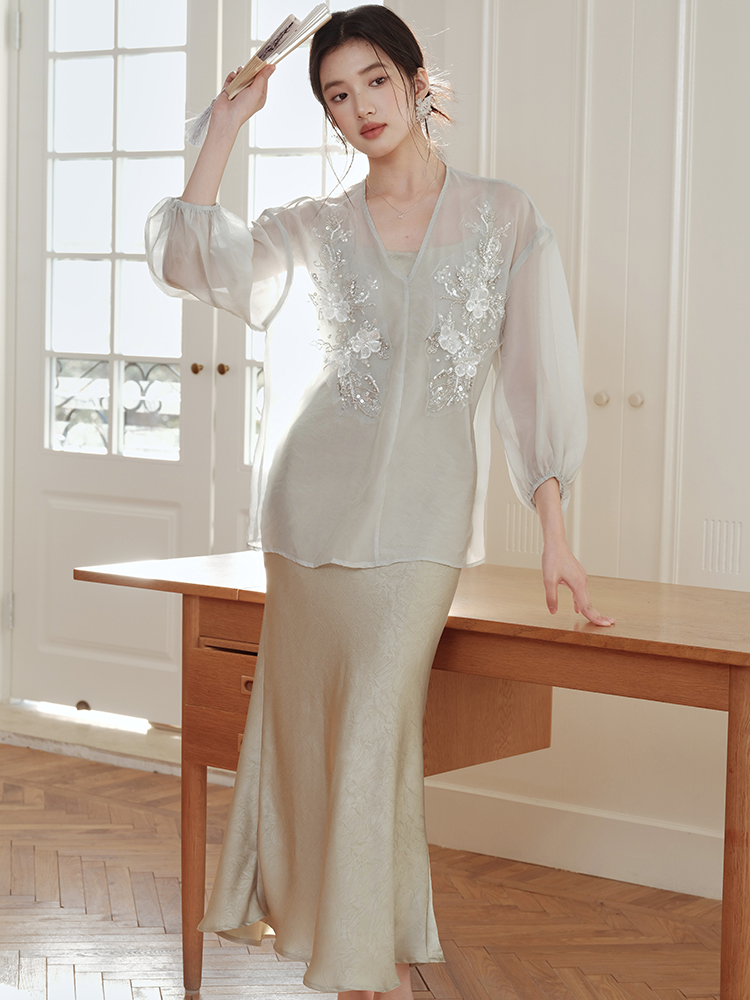 Chinese style sunscreen strap dress chiffon dress a set