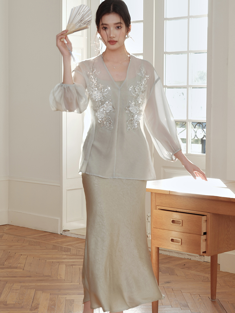 Chinese style sunscreen strap dress chiffon dress a set