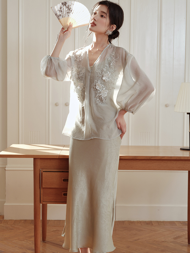 Chinese style sunscreen strap dress chiffon dress a set