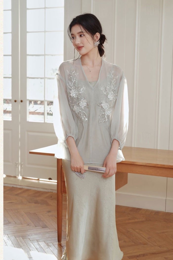 Chinese style sunscreen strap dress chiffon dress a set