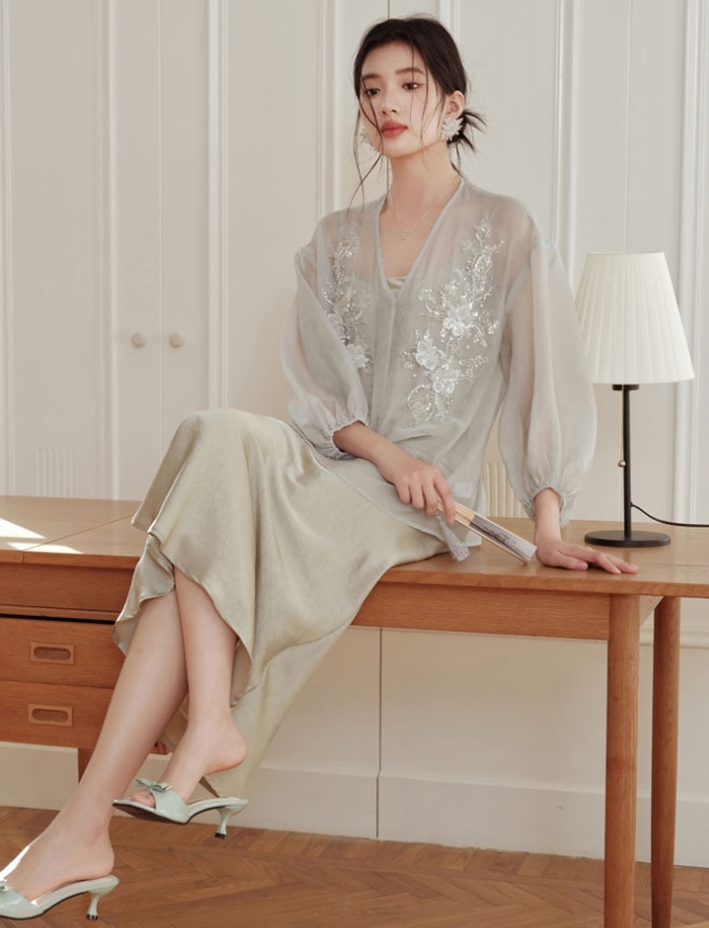 Chinese style sunscreen strap dress chiffon dress a set