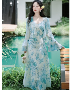 Chinese style dress floral cardigan a set for women