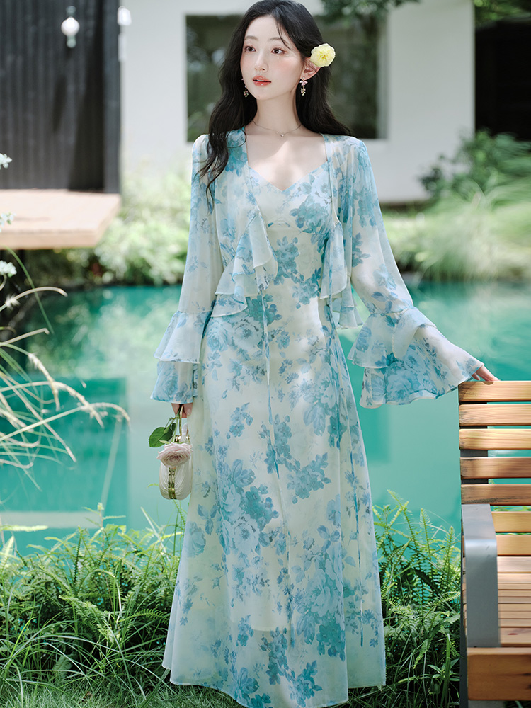 Chinese style dress floral cardigan a set for women