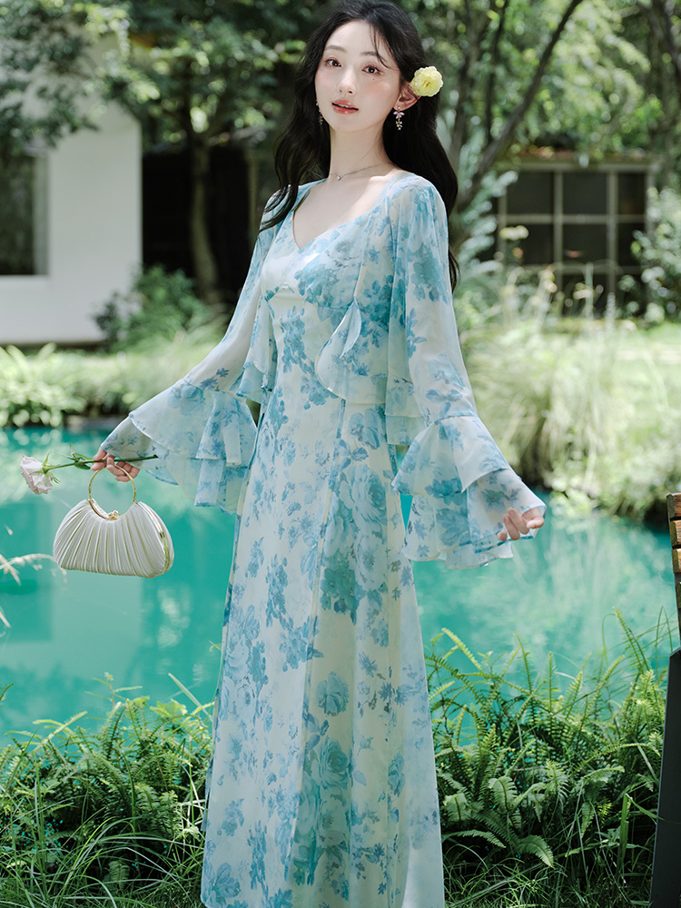 Chinese style dress floral cardigan a set for women