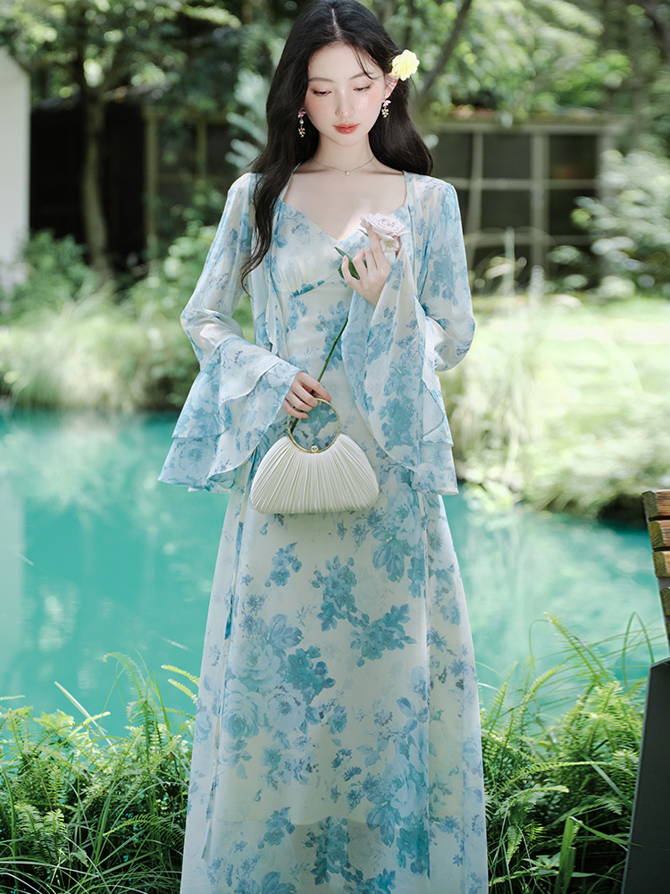 Chinese style dress floral cardigan a set for women
