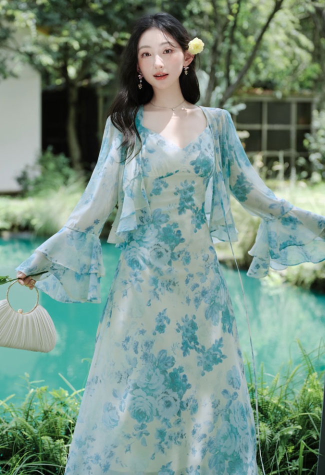 Chinese style dress floral cardigan a set for women