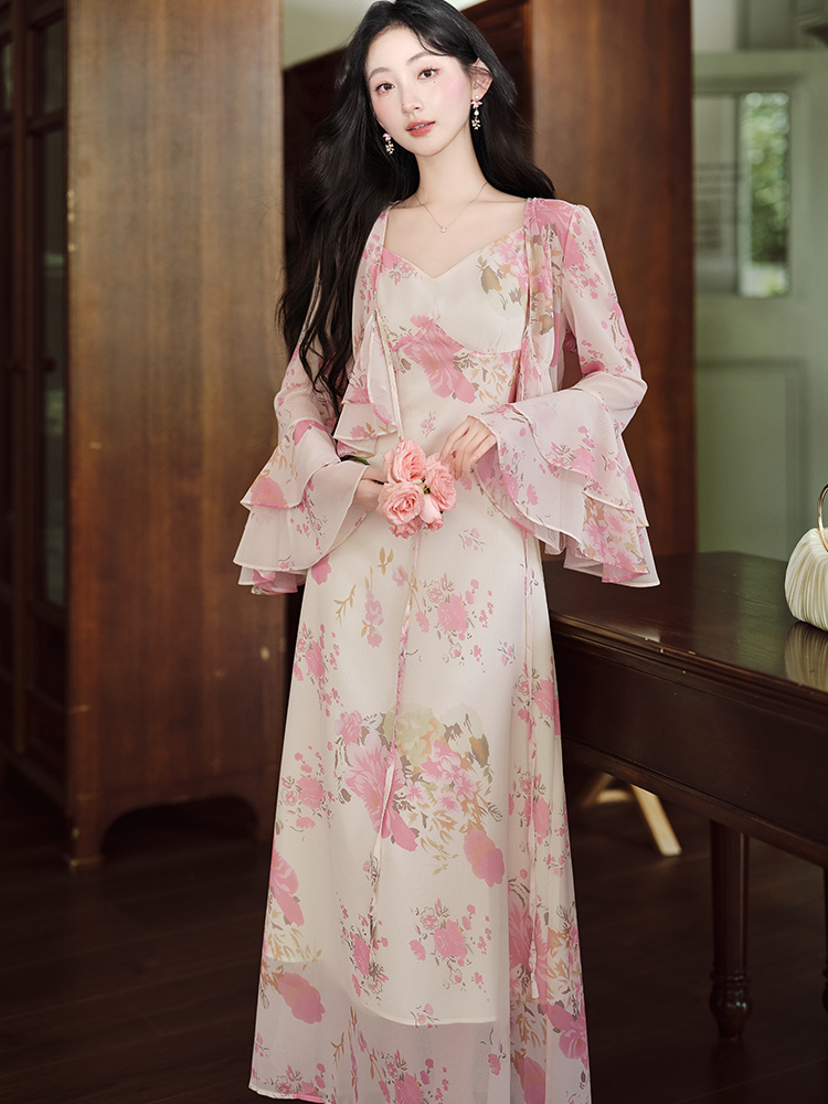 Sling dress floral tops 2pcs set for women