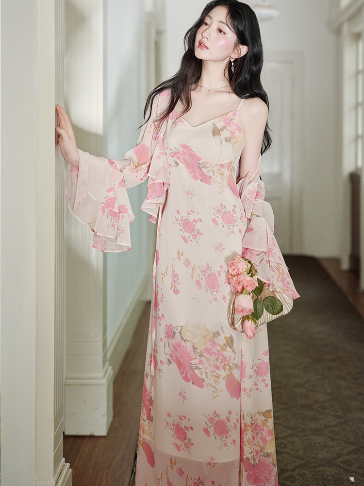 Sling dress floral tops 2pcs set for women