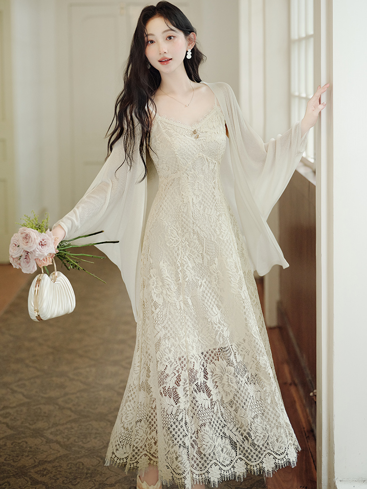 All-match simple cardigan lace summer strap dress