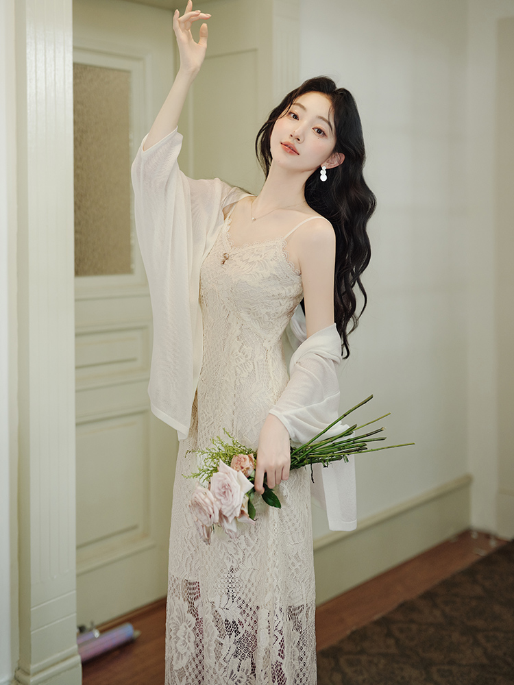 All-match simple cardigan lace summer strap dress