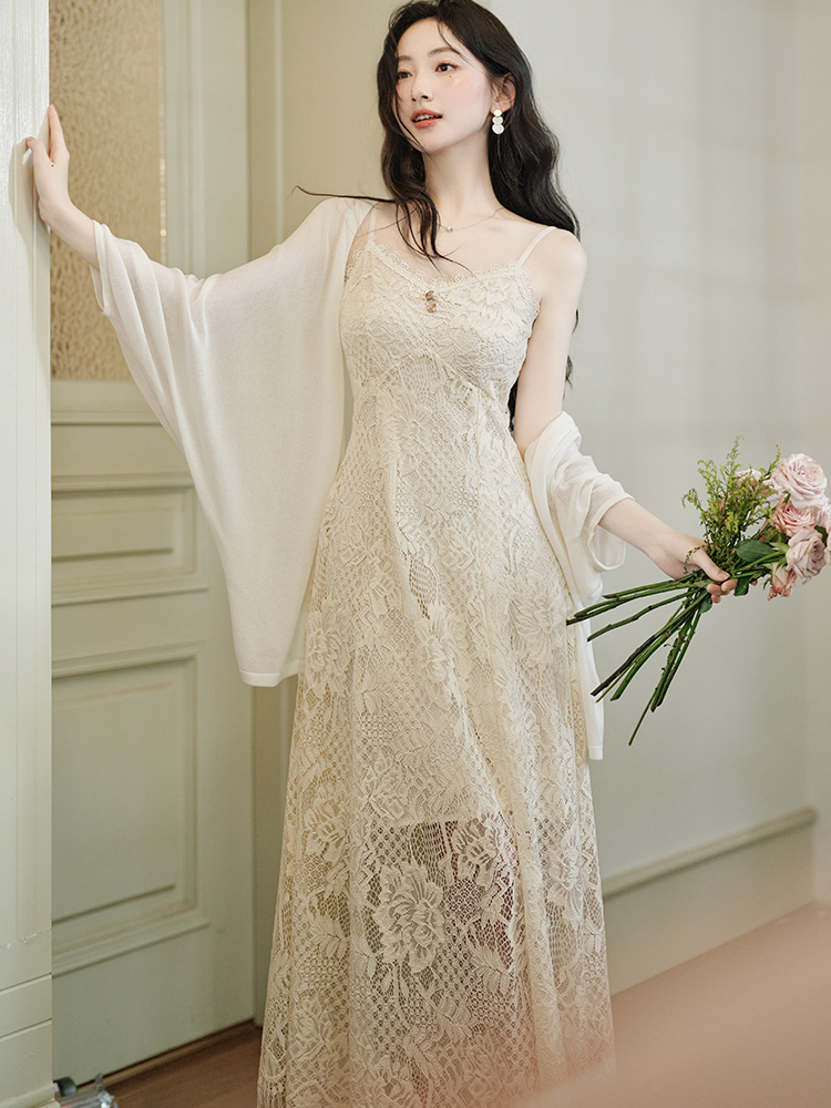 All-match simple cardigan lace summer strap dress