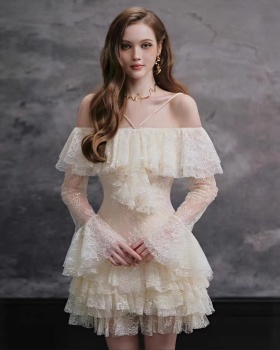 Lace flat shoulder T-back temperament dress