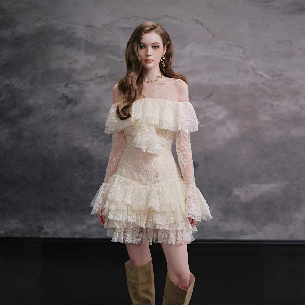 Lace flat shoulder T-back temperament dress