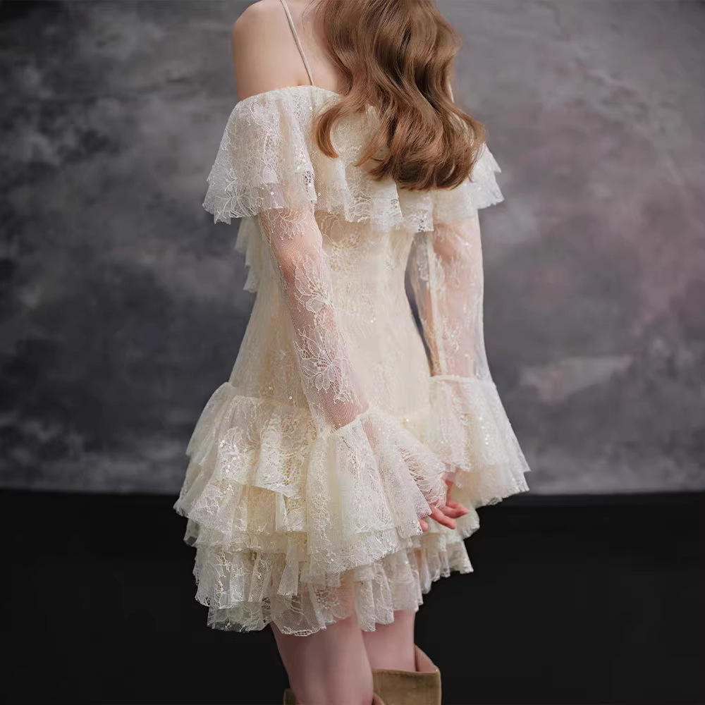 Lace flat shoulder T-back temperament dress