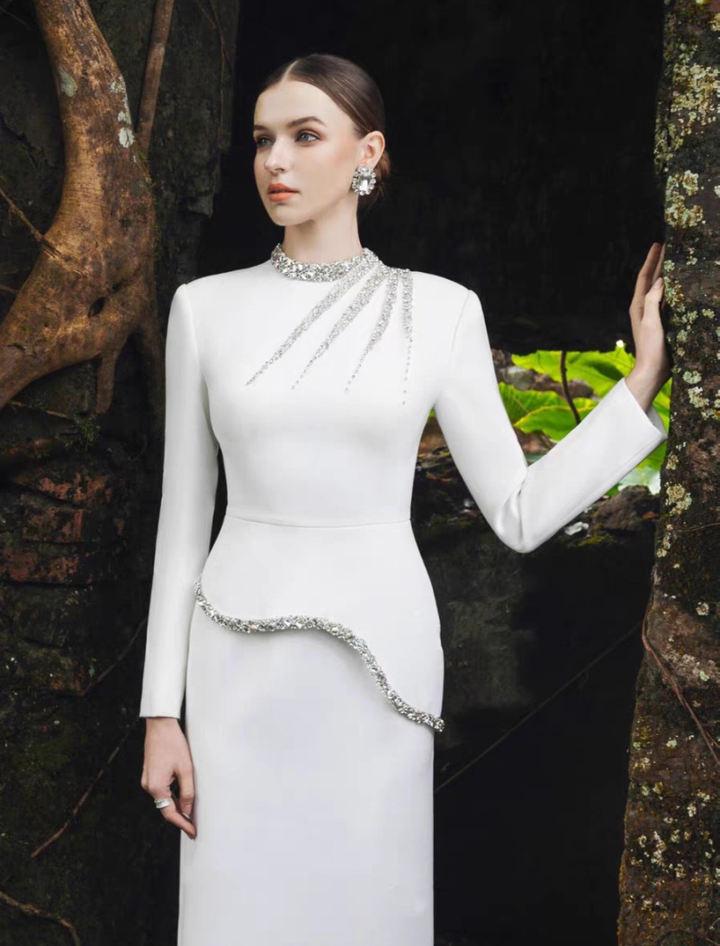 Temperament niche beading dress elegant slim evening dress