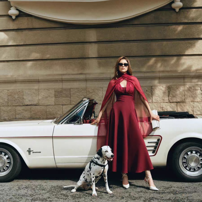 Niche temperament slim long dress red streamer dress