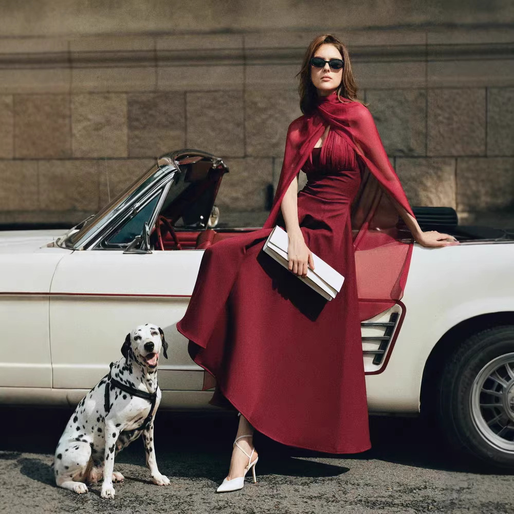 Niche temperament slim long dress red streamer dress