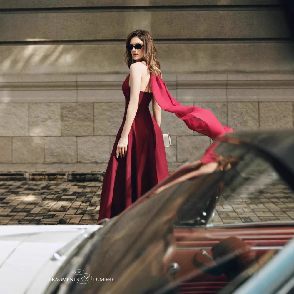 Niche temperament slim long dress red streamer dress