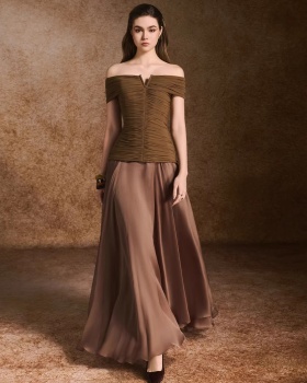 Fold flat shoulder niche long dress splice temperament dress