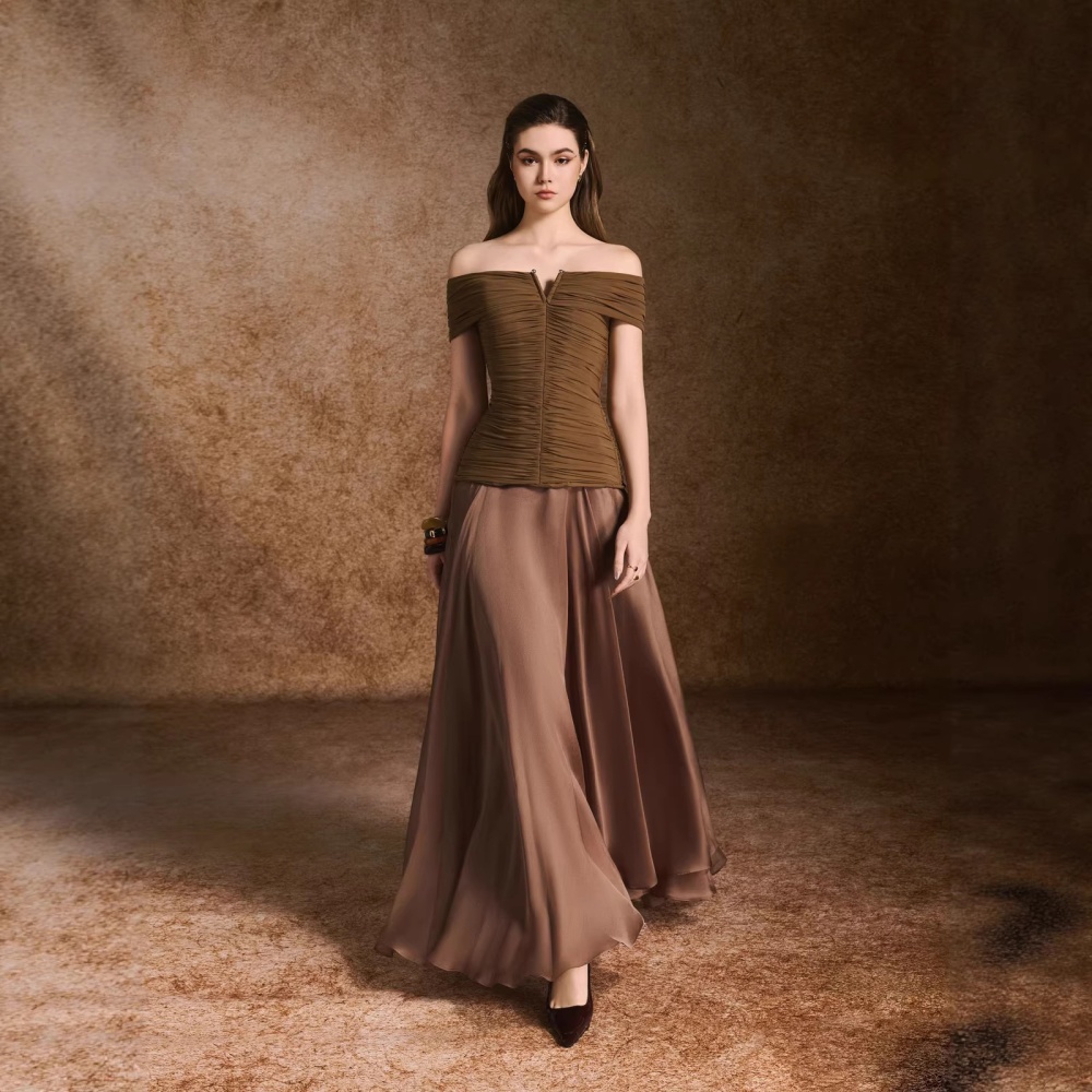 Fold flat shoulder niche long dress splice temperament dress