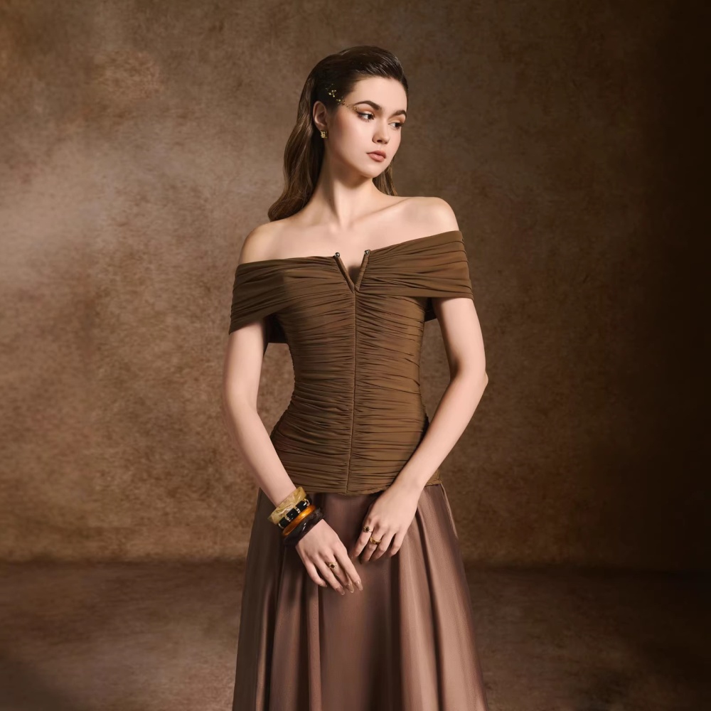 Fold flat shoulder niche long dress splice temperament dress