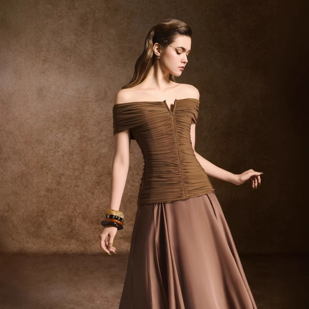 Fold flat shoulder niche long dress splice temperament dress