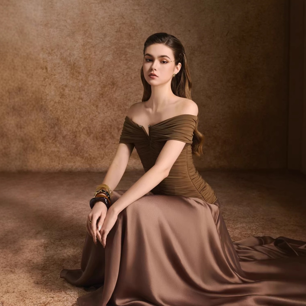 Fold flat shoulder niche long dress splice temperament dress