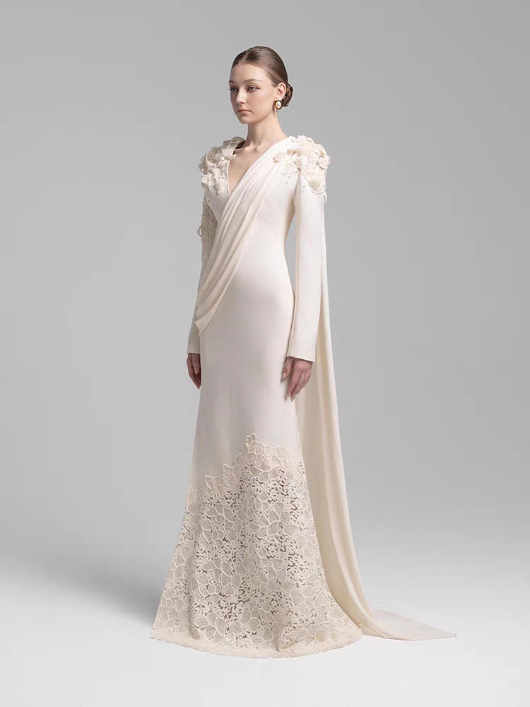 Elegant flowers lace dress streamer niche long dress