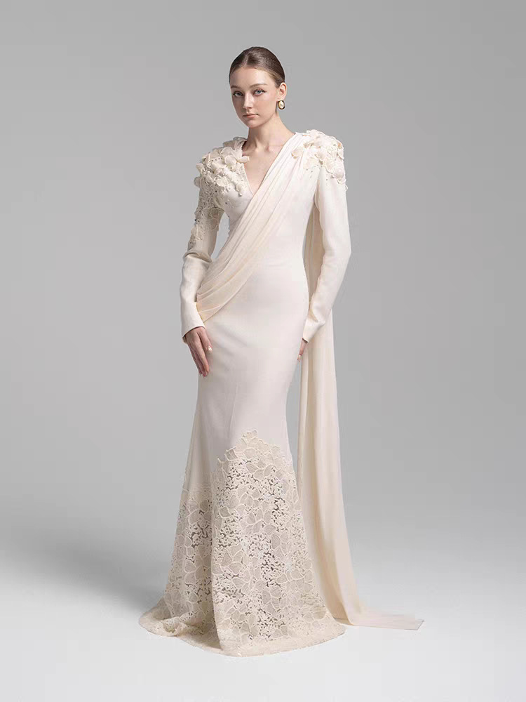 Elegant flowers lace dress streamer niche long dress
