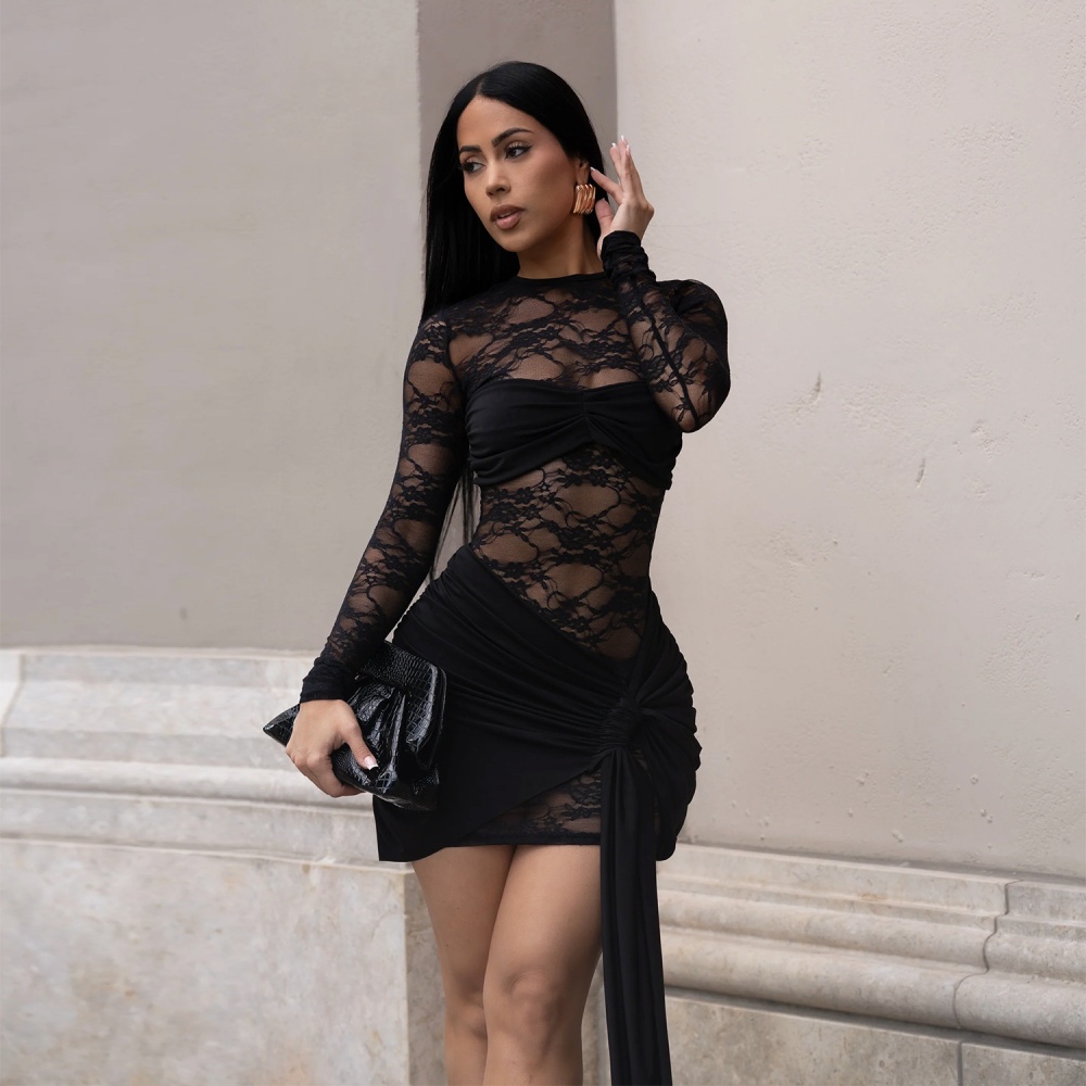 Fashion splice tight European style lace perspective dress