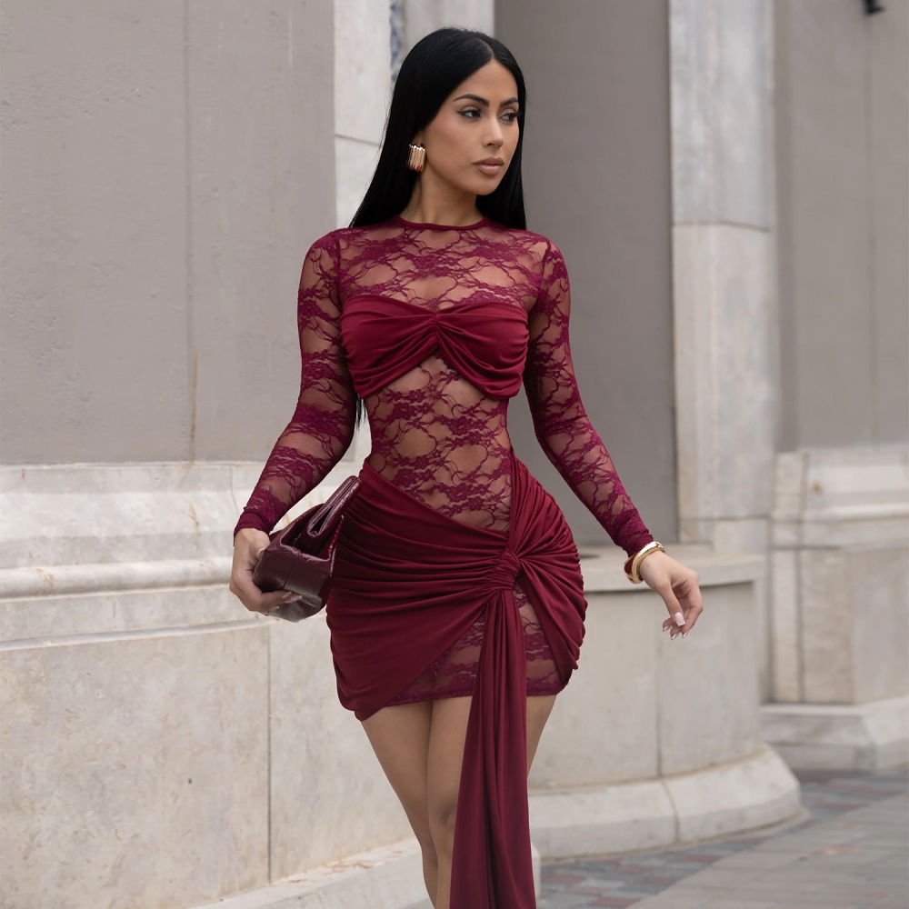 Fashion splice tight European style lace perspective dress