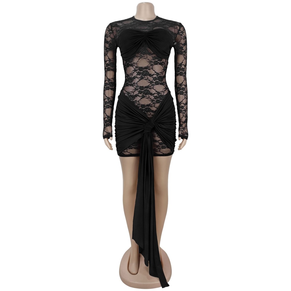 Fashion splice tight European style lace perspective dress