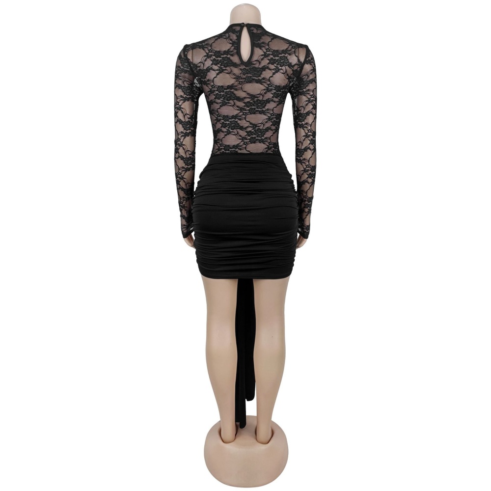 Fashion splice tight European style lace perspective dress