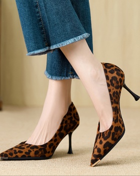 High-heeled temperament France style leopard low shoes for women