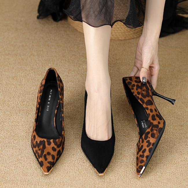 High-heeled temperament France style leopard low shoes for women