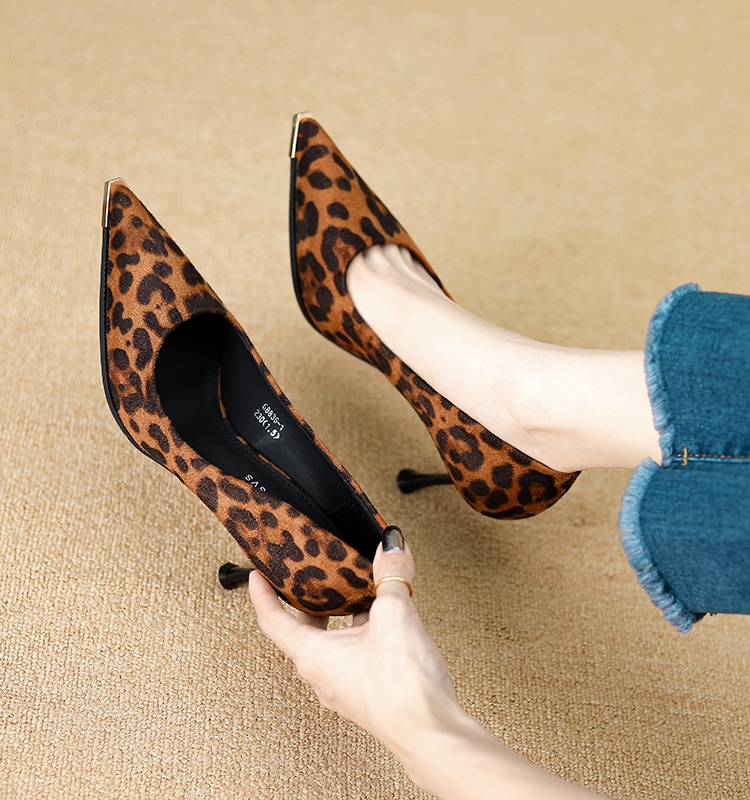 High-heeled temperament France style leopard low shoes for women