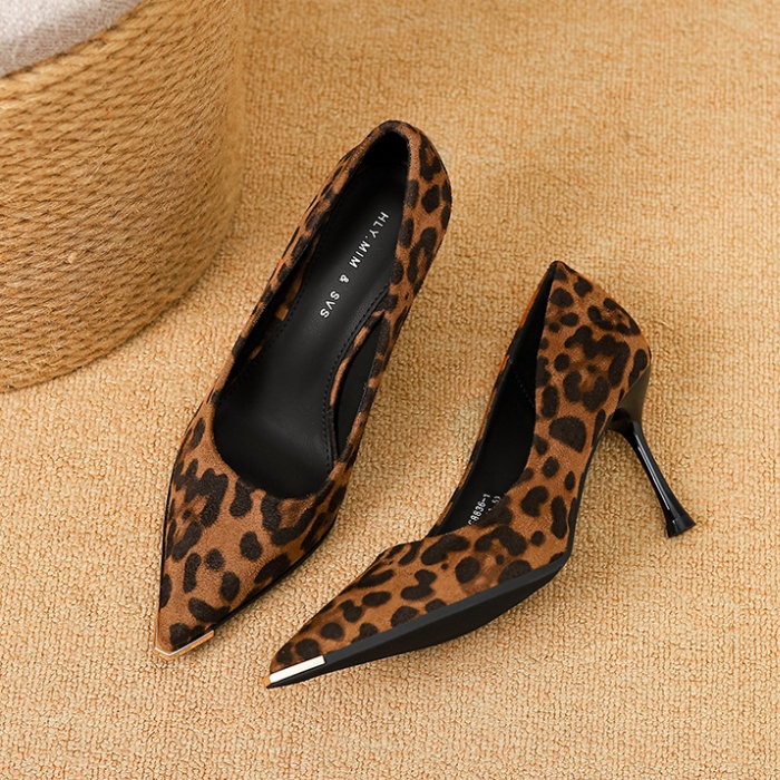 High-heeled temperament France style leopard low shoes for women