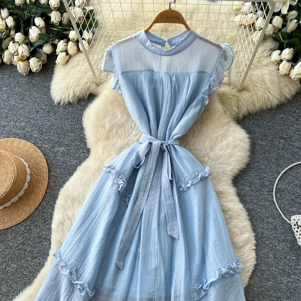 Yellow light bow frenum pinched waist dress for women