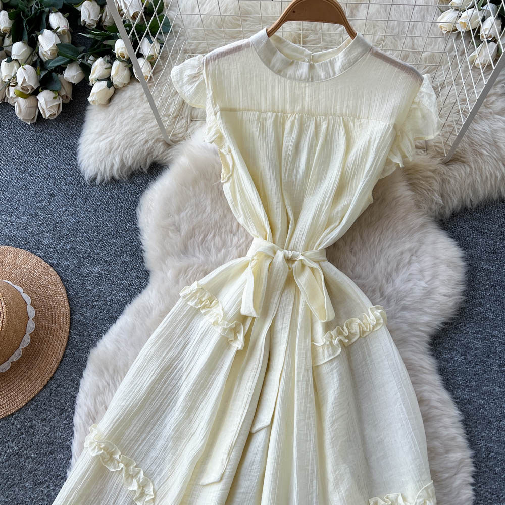 Yellow light bow frenum pinched waist dress for women