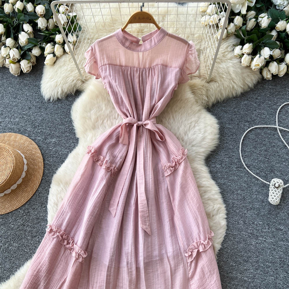 Yellow light bow frenum pinched waist dress for women