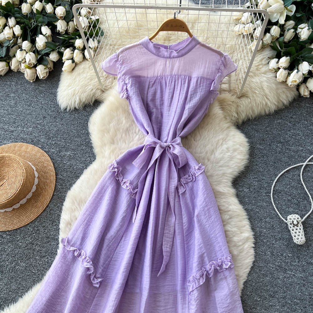 Yellow light bow frenum pinched waist dress for women