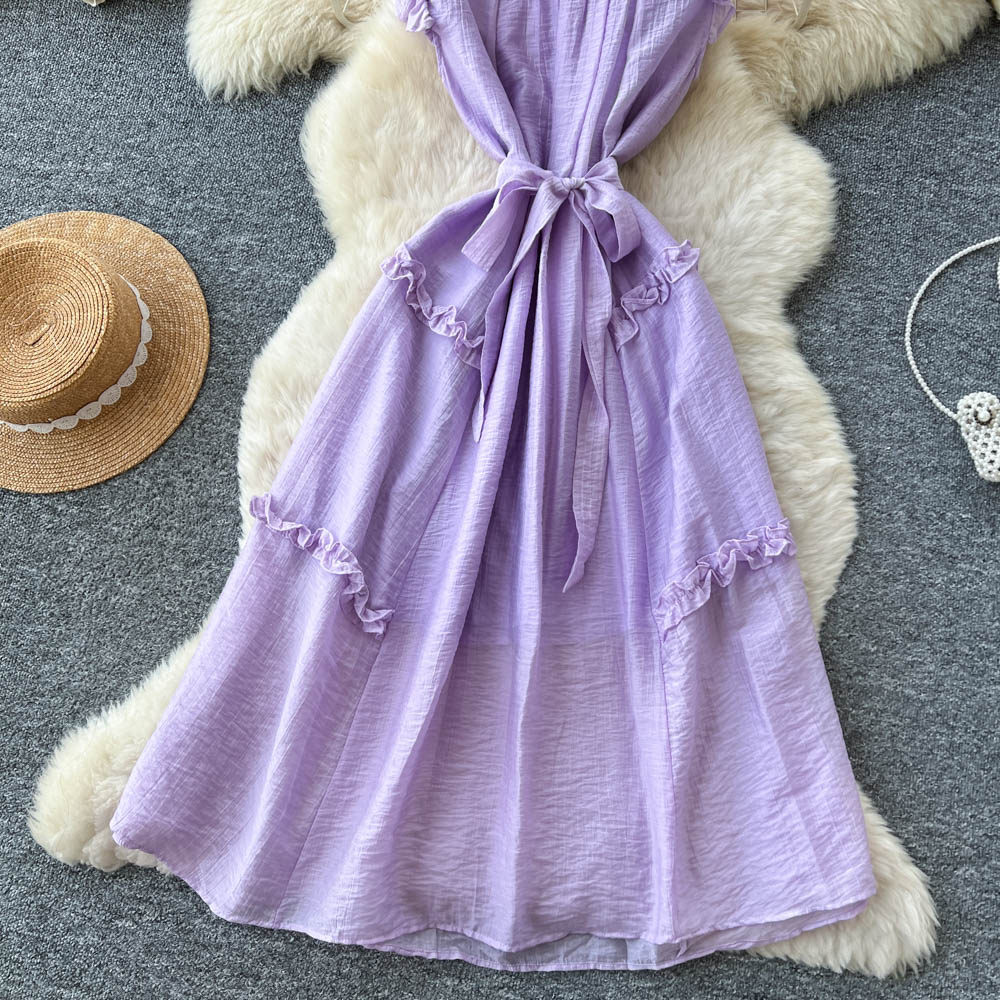 Yellow light bow frenum pinched waist dress for women