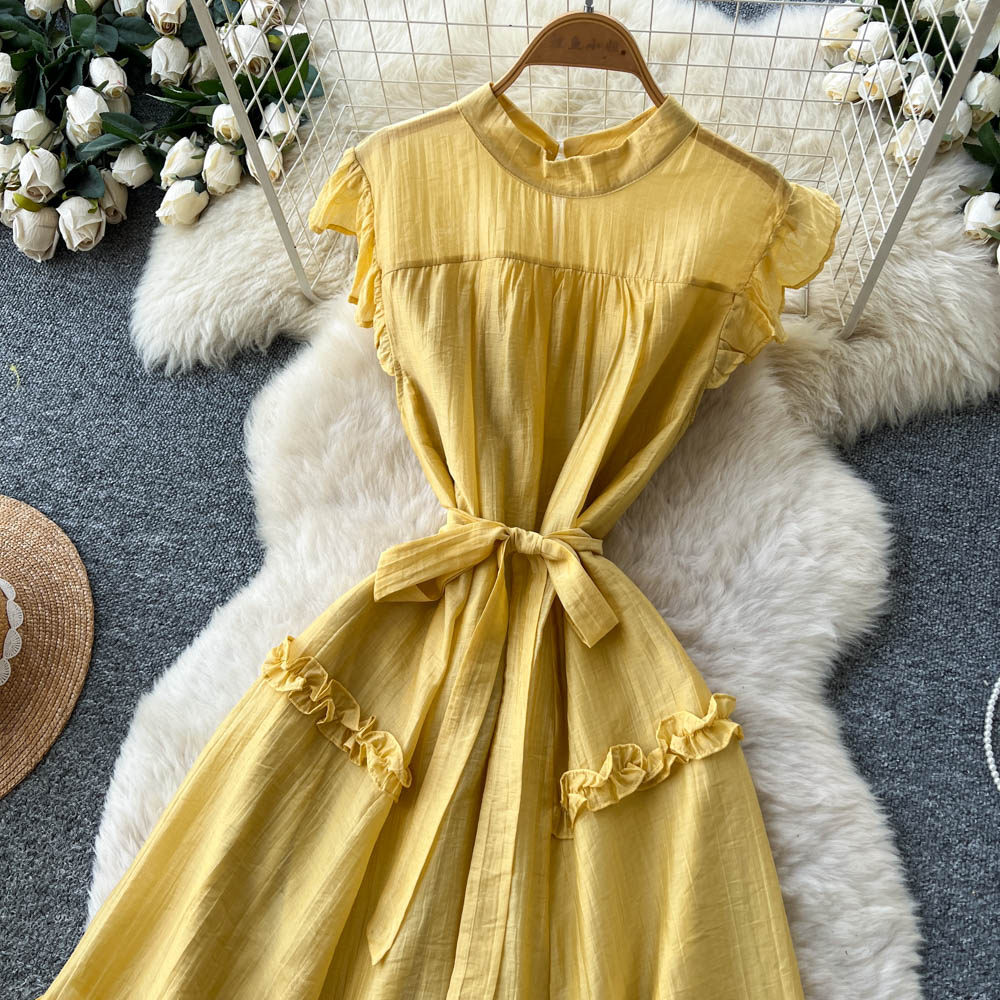 Yellow light bow frenum pinched waist dress for women
