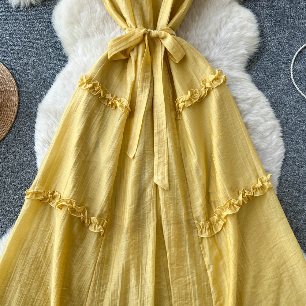 Yellow light bow frenum pinched waist dress for women