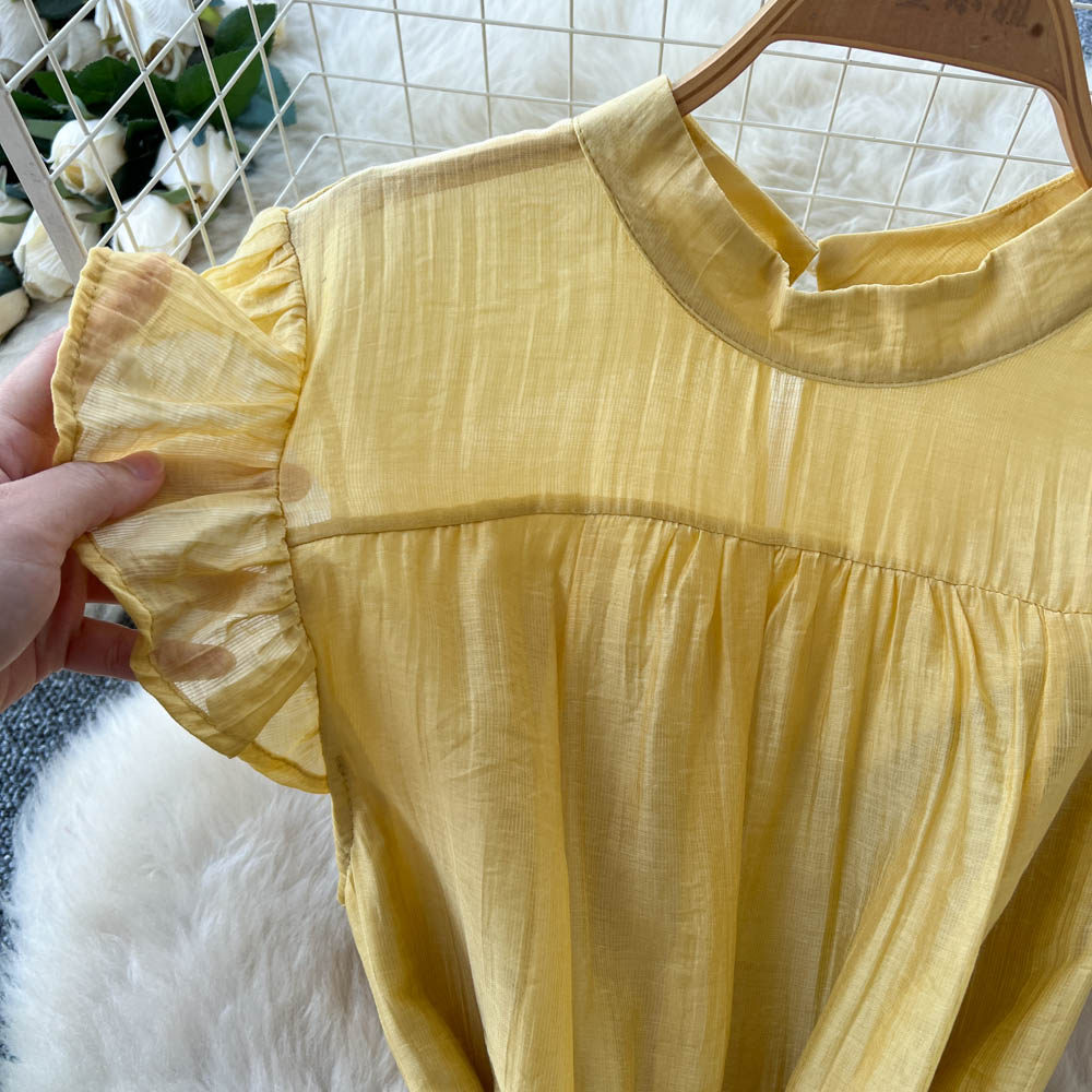 Yellow light bow frenum pinched waist dress for women