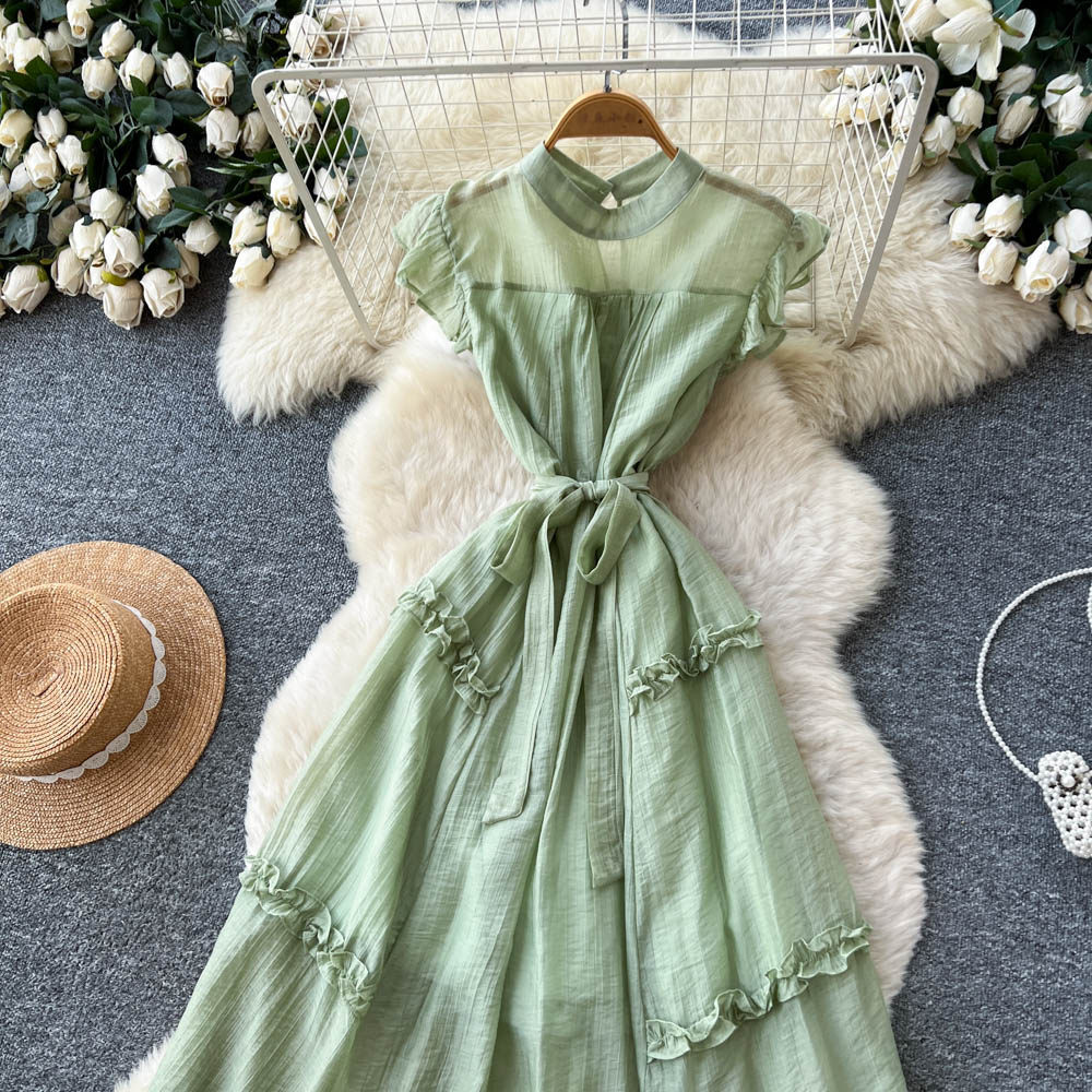 Yellow light bow frenum pinched waist dress for women