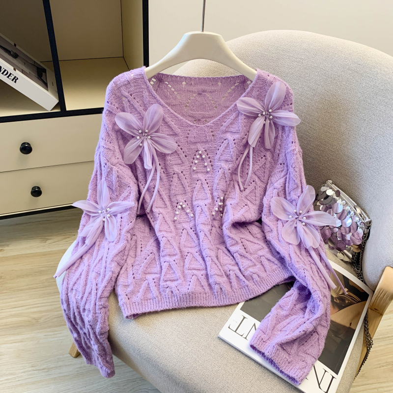 Long sleeve sweet spring flowers sweater for women