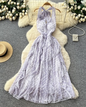 Plaid France style dress slim long dress for women